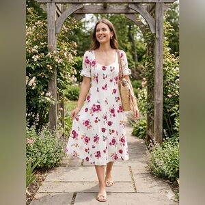 Row A Floral Button Front Midi Dress Puff Sleeve White, Size Small